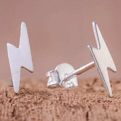 Sterling silver stud earrings, 'Electric Energy' - Lightning Bolt Sterling Silver Stud Earrings from Thailand