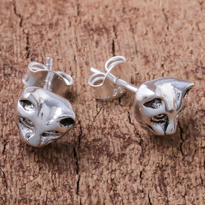 Sterling silver stud earrings, 'Pensive Cats' - Sterling Silver Cat Stud Earrings from Thailand
