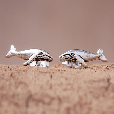 Sterling silver button earrings, 'Whale Twins' - Sterling Silver Whale Button Earrings from Thailand