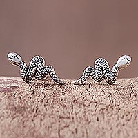 Sterling silver button earrings, 'Cute Snakes' - Sterling Silver Snake Button Earrings from Thailand