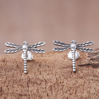 Sterling silver button earrings, Dragonfly Buzz