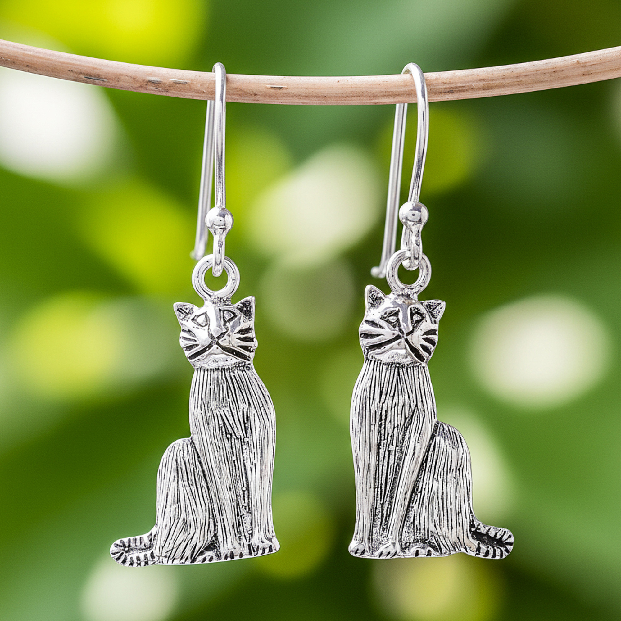 Sterling Silver Cat Dangle Earrings from Thailand Mister Cat NOVICA