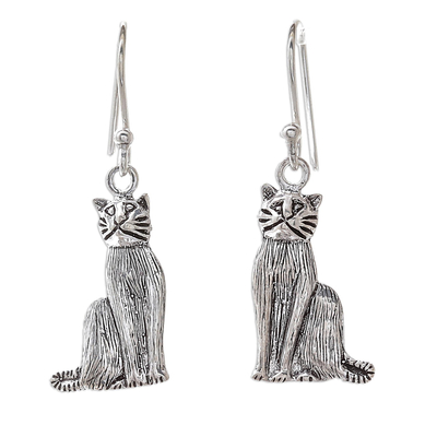 Sterling silver dangle earrings, 'Mister Cat' - Sterling Silver Cat Dangle Earrings from Thailand