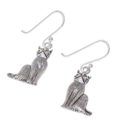 Sterling silver dangle earrings, 'Mister Cat' - Sterling Silver Cat Dangle Earrings from Thailand