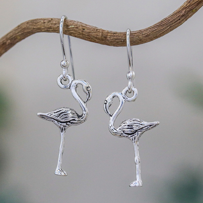 Sterling silver dangle earrings, 'Flamingo' - Sterling Silver Flamingo Dangle Earrings from Thailand
