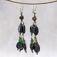 Tiger's eye and quartz dangle earrings, 'Espresso Beauty' - Tiger's Eye and Quartz Beaded Dangle Earrings from Thailand