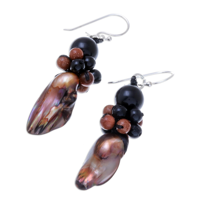 Brown Cultured Pearl and Glass Beaded Dangle Earrings