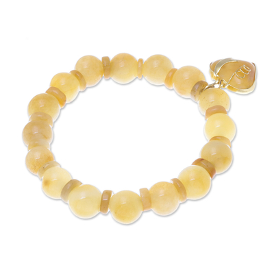 Brazalete elástico con cuentas de cuarzo con detalles dorados - Brazalete de corazón con abalorios de cuarzo con detalles dorados en amarillo