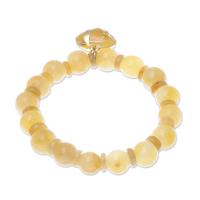 Gold accented quartz beaded stretch bracelet, 'Purest Heart in Yellow' - Gold Accented Quartz Beaded Heart Bracelet in Yellow