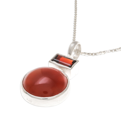 Agate and garnet pendant necklace, 'Beautiful Gleam' - Agate and Garnet Pendant Necklace from Thailand