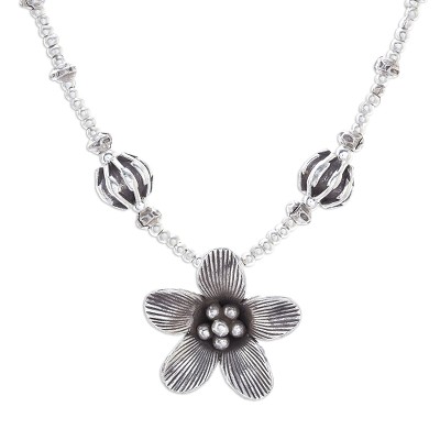 Silver beaded pendant necklace, 'Blooming Tropics' - Floral Silver Beaded Pendant Necklace from Thailand