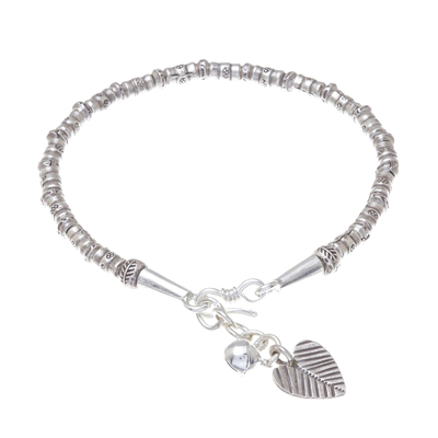 Silver beaded charm bracelet, 'Ringing Love' - Karen Silver Beaded Heart Charm Bracelet from Thailand