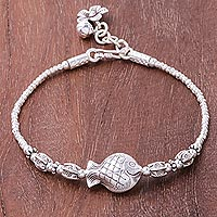 Silver beaded pendant bracelet, 'Fish Love' - Karen Silver Fish Beaded Pendant Bracelet from Thailand
