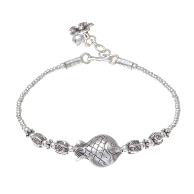 Silver beaded pendant bracelet, 'Fish Love' - Karen Silver Fish Beaded Pendant Bracelet from Thailand