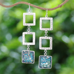 Roman glass dangle earrings, 'Triple Frame' - Square Roman Glass Dangle Earrings from Thailand