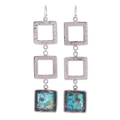 Roman glass dangle earrings, 'Triple Frame' - Square Roman Glass Dangle Earrings from Thailand