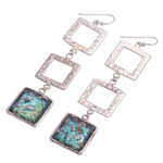 Roman glass dangle earrings, 'Triple Frame' - Square Roman Glass Dangle Earrings from Thailand