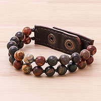 Leather accented jasper beaded bracelet, 'Nature's Mood' - Leather Accented Jasper Beaded Bracelet (2-Strand)