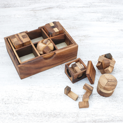 Wood puzzle set, 'Beautiful Challenge' (6 piece) - Raintree Wood Puzzle Set from Thailand (6 Piece)