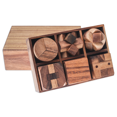 Wood puzzle set, 'Beautiful Challenge' (6 piece) - Raintree Wood Puzzle Set from Thailand (6 Piece)