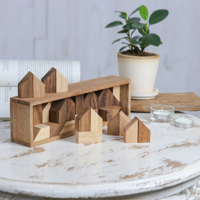 Wood game, 'Home Town' (37 piece) - Raintree Wood City Builder Game from Thailand (37 Piece)