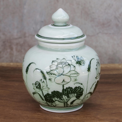 Celadon ceramic vase, 'Regal Lotus' - Lotus-Themed Celadon Ceramic Vase from Thailand