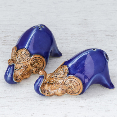 Ceramic salt and pepper shakers, 'Crouching Elephants in Blue' (pair) - Blue Ceramic Elephant Salt and Pepper Shakers (Pair)