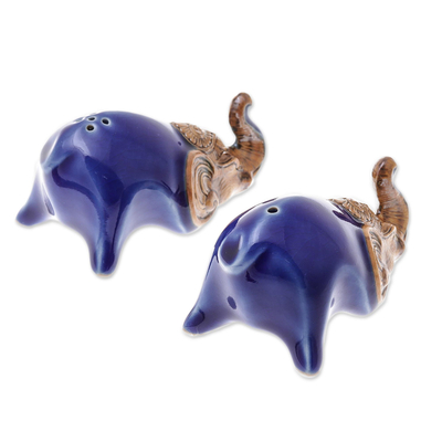 Ceramic salt and pepper shakers, 'Crouching Elephants in Blue' (pair) - Blue Ceramic Elephant Salt and Pepper Shakers (Pair)