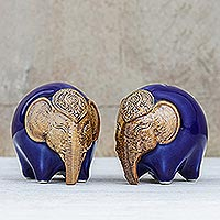 Salero y pimentero de cerámica, 'Elefantes redondos en azul' (par) - Salero y pimentero de cerámica Elefante en azul (par)