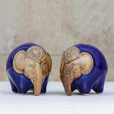 UNICEF Market  Ceramic Elephant Salt and Pepper Shakers in Blue (Pair) -  Round Elephants in Blue
