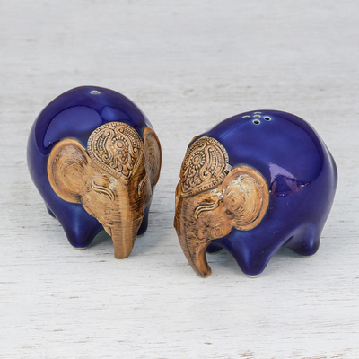 Saleros y pimenteros de cerámica, (par) - Salero y pimentero Elefante de cerámica en azul (par)