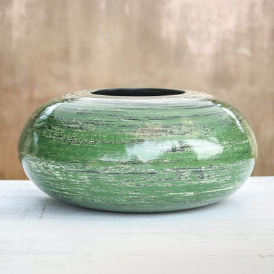 Bamboo decorative vase, 'Round Green' - Round Green Bamboo Lacquerware Decorative Vase from Thailand