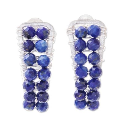 Lapis lazuli beaded drop earrings, 'Cool Midnight' - Handmade Lapis Lazuli Sterling Silver Beaded Drop Earrings