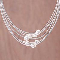 Cultured pearl pendant necklace, 'Luminous Pebbles in White'