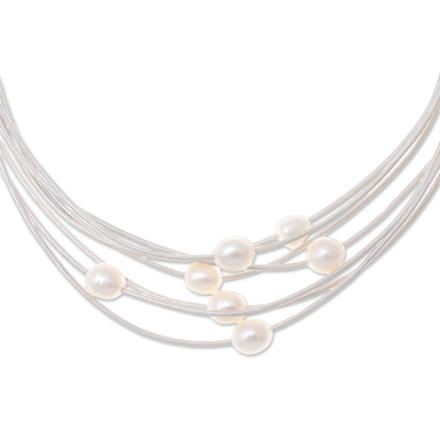 Cultured pearl pendant necklace, 'Luminous Pebbles in White' - Cultured Pearl Pendant Necklace on White Cord from Thailand