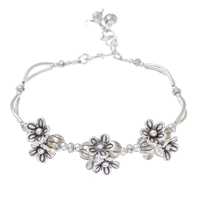 Silver beaded pendant bracelet, 'Lovely Bouquet' - Floral Karen Silver Beaded Pendant Bracelet from Thailand