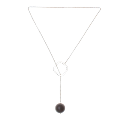Sterling silver and wood lariat necklace, 'Threaded Bead' - Sterling Silver and Wood Lariat Necklace from Thailand