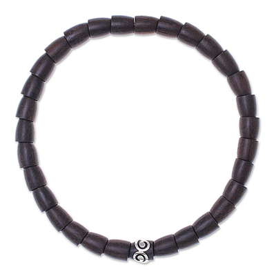 Wood and sterling silver beaded necklace, 'Dark Spiral Bangle' - Dark Wood and Sterling Silver Beaded Stretch Necklace