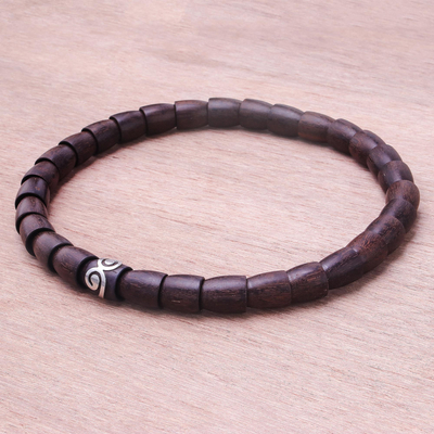 Perlenkette aus Holz und Sterlingsilber - Stretch-Halskette mit Perlen aus dunklem Holz und Sterlingsilber