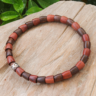 Wood and sterling silver beaded stretch necklace, 'Spiral Bangle' - Wood and Sterling Silver Beaded Stretch Necklace