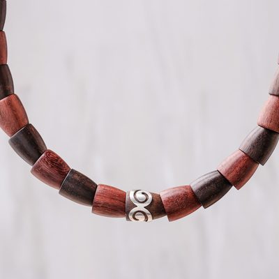 Wood and sterling silver beaded stretch necklace, 'Spiral Bangle' - Wood and Sterling Silver Beaded Stretch Necklace
