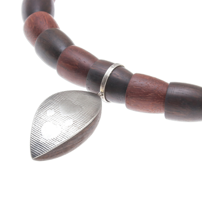 Sterling silver and wood beaded pendant necklace, 'Fascinating Leaf' - Sterling Silver and Wood Beaded Pendant Necklace
