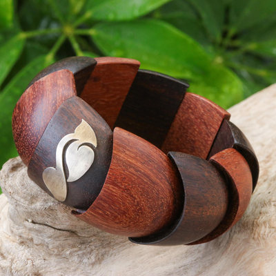 Wood and sterling silver stretch bracelet, 'Natural Scales' - Wood and Sterling Silver Stretch Bracelet from Thailand