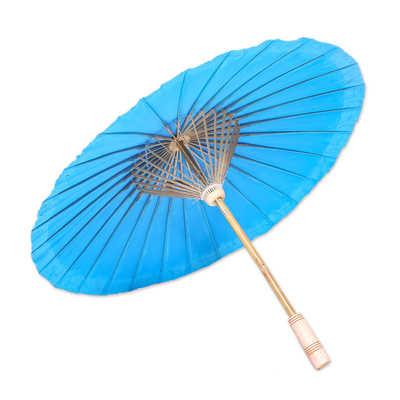 Sombrilla de algodón - Sombrilla de algodón y bambú en azul sólido de Tailandia