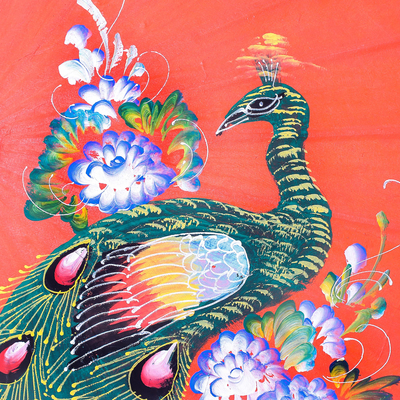 Paper parasol, 'Sunny Peacock in Flame' - Peacock Motif Paper Parasol in Flame from Thailand