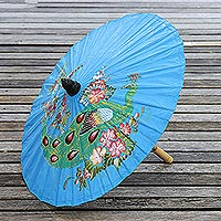 Paper parasol, 'Sunny Peacock in Azure' - Peacock Motif Paper Parasol in Azure from Thailand