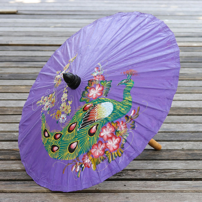 sombrilla de papel - Sombrilla de papel con motivo de pavo real en violeta de Tailandia