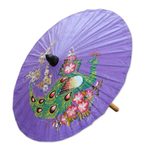 Paper parasol, 'Sunny Peacock in Violet' - Peacock Motif Paper Parasol in Violet from Thailand