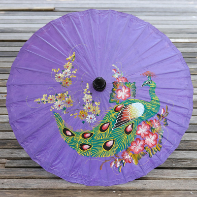 Sonnenschirm aus Papier - Papierschirm mit Pfauenmotiv in Violett aus Thailand