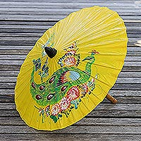 Paper parasol, 'Sunny Peacock in Daffodil' - Peacock Motif Paper Parasol in Daffodil from Thailand